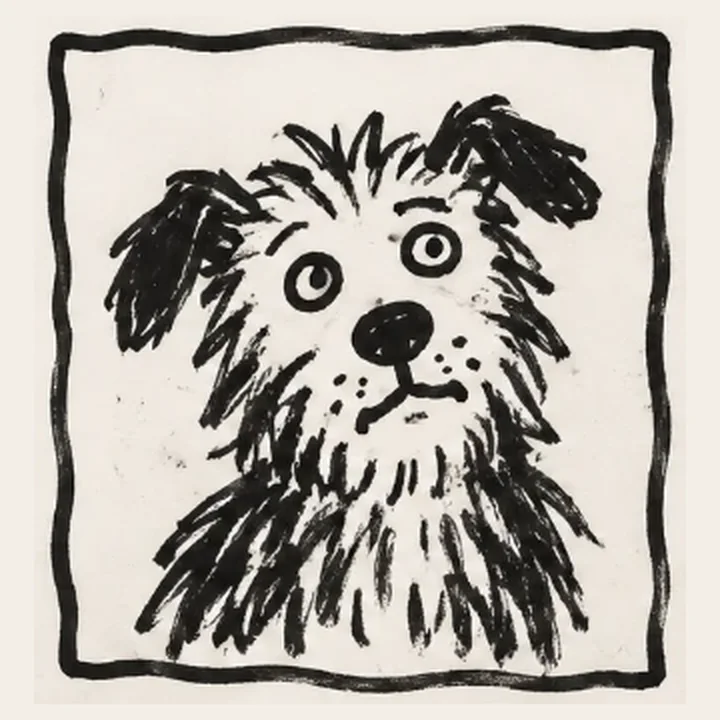 Hand-inked portrait of a shaggy dog with huge startled eyes